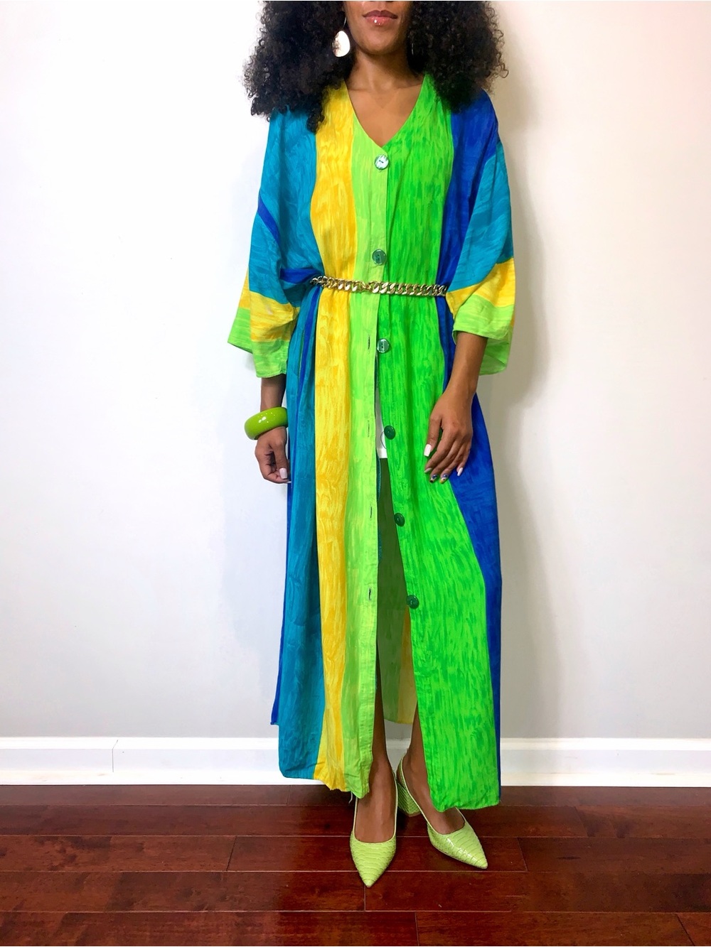 Vintage 80s Ruth Norman Color Block Button-Front Maxi Dress M